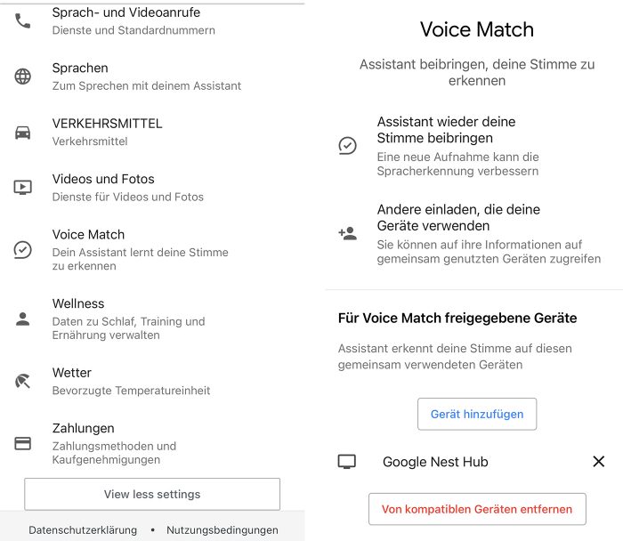 Google Home App Voice Match Einstellungen