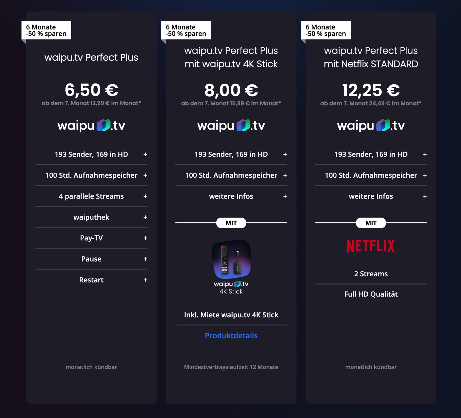 die TV-Streaming-Dienst halbiert Preise waipu.tv ›
