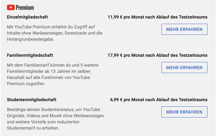 Youtube Premium Preise Deutschland Oktober 2022