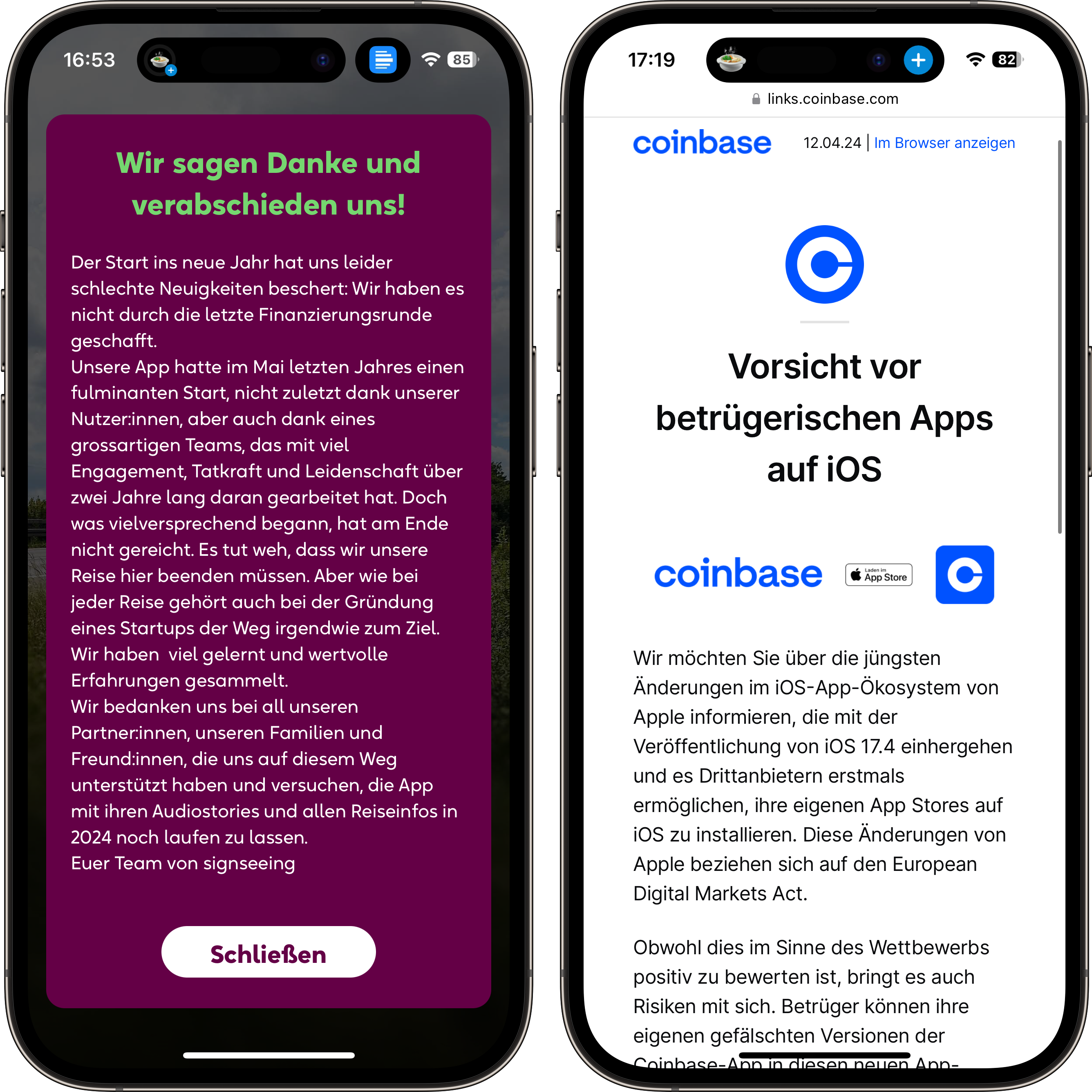 Signseeing wird eingestellt, Coinbase warnt vor neuen App Stores