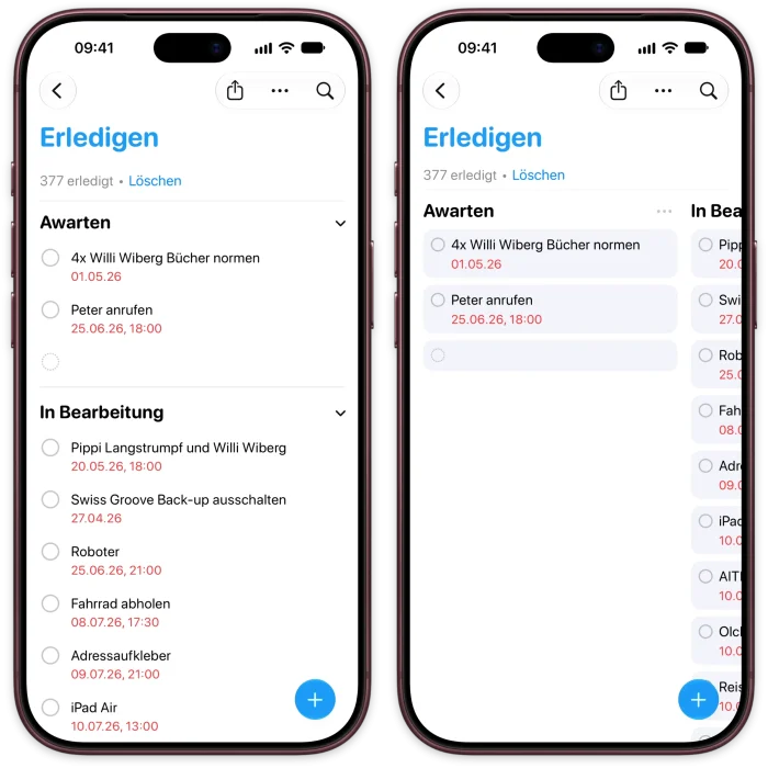 Apple Erinnerungen als spalten